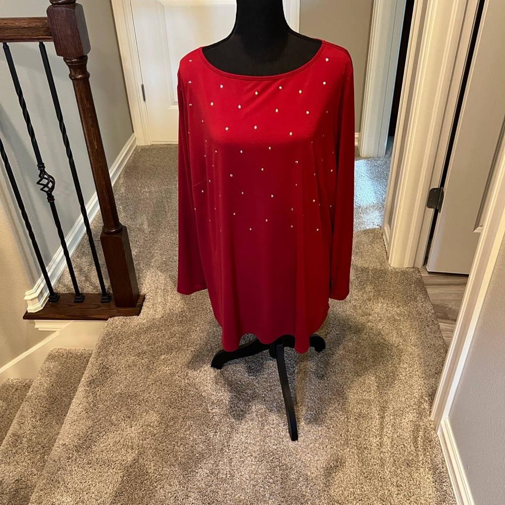 Joan Rivers Red Rhinestone Studded Top 2X Women Long Sleeve Stretch Blouse - Picture 4 of 12